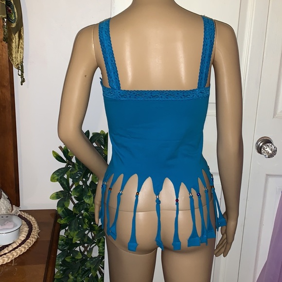 Hand beaded fringe turquoise teal tank top Upcycled and unique ooak  S M - Picture 2 of 12